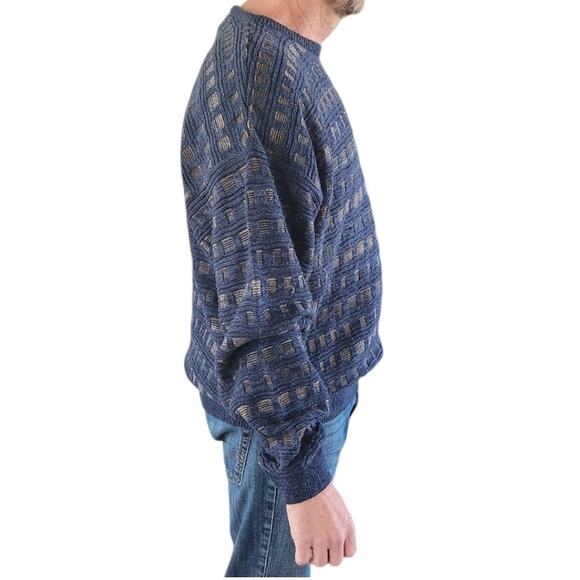 Vintage 90s Gianfranco Ruffini Blue Geometric Retro Long Sleeve Sweater Men XL - Picture 3 of 5